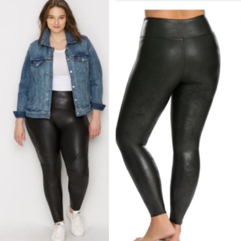 SPANX Faux Leather Leggings Pants Stretch High Waist Shaping Slimming Black 3X